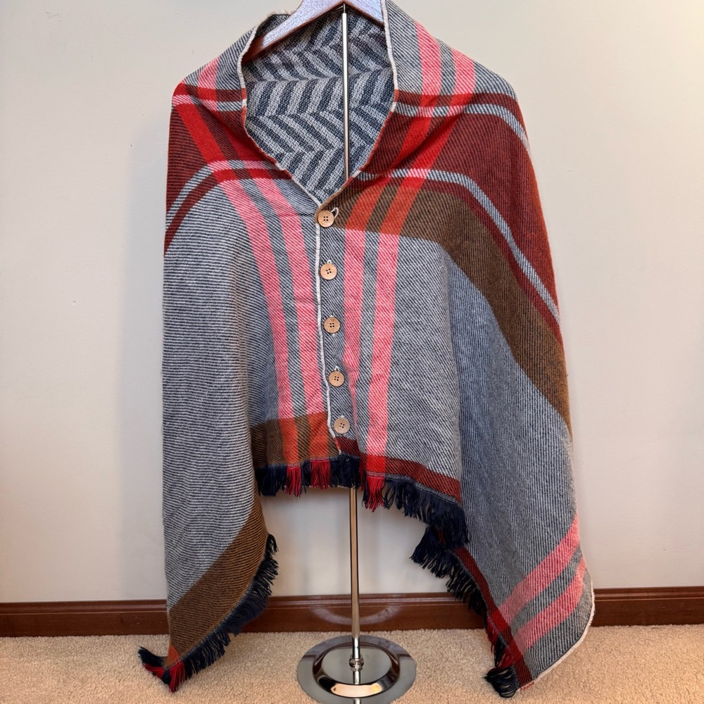 Rustic Plaid Fringe Scarf Shall Wood Buttons Yellowstone Ranch Pancho One‎ Size